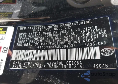 2018 Toyota Camry Se из США, поврежденный, VIN 4T1B11HK8JU004935